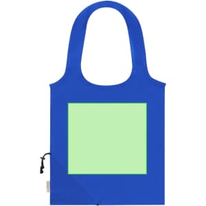 A blue foldable tote bag with a large green square and a drawstring feature at the base. It has a logo.
