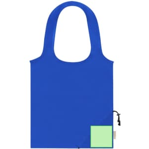 A blue tote bag with a green panel and a logo, featuring handles for easy carrying.