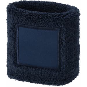 A navy blue wristband made of textured fabric, featuring a smooth rectangular patch.