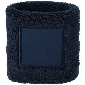 A navy blue wristband made of soft fabric, featuring a plain patch for branding or logos.