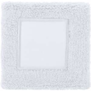 A white wristband with a textured, fluffy surface and a central smooth rectangle. It features a branding logo.