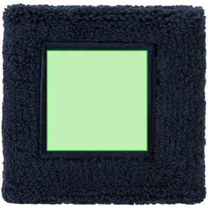 A square navy blue wristband with a textured surface and a green square centre. It features a logo on the design.