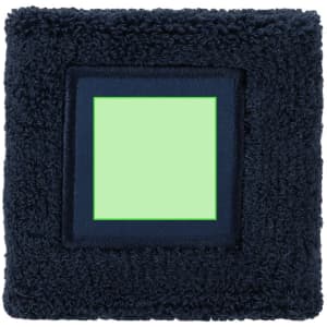 A navy blue square wristband with a textured, fluffy surface and a blank green centre. It also features a logo or branding.