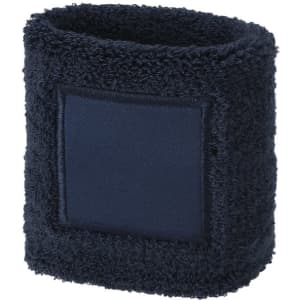 A navy blue wristband featuring a soft, textured finish and a smooth patch for branding.