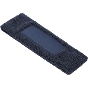 A navy blue headband with a textured fabric and a central embroidered area. It features a logo on one side.