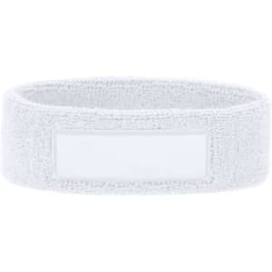 A white headband with a soft, textured finish and a blank area for customisation.