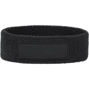 A black Sajun headband featuring a textured fabric design and a rectangular section for branding or customisation.