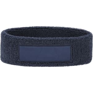 A navy blue headband with a textured fabric and a blank patch for branding or personalisation.