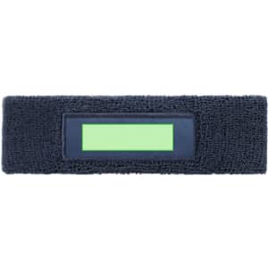 A navy blue headband with a textured design and a rectangular area for branding or customization.