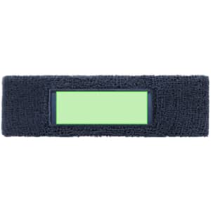 A navy blue headband made of textured fabric, featuring an empty rectangular area, possibly for customisation.