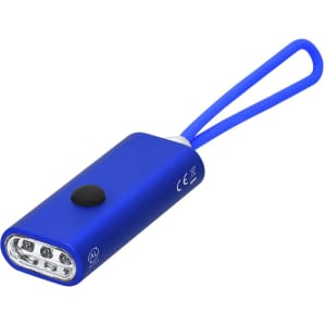 A blue torch with a looped handle and a push button, featuring multiple LED lights. It has a sleek, compact design.