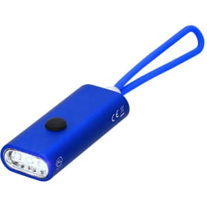 A blue torch with a looped handle and multiple LED lights on the front. It has a button for operation and features branding.