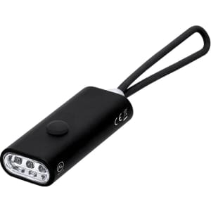 A compact black torch with a rubber loop, featuring multiple LED lights and a single on/off button.