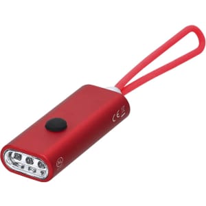 A red torch with multiple LED lights and a loop for attachment. It features a black button on the side.