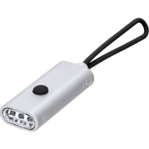 A silver torch with a black button and loop, featuring multiple LED lights. It has a branding logo.