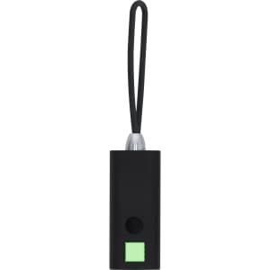 A compact black torch with a green accent and a loop for attachment. It includes a branding logo.