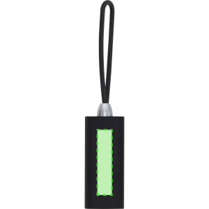 A black keyring torch with a green glowing section and a loop for attachment.