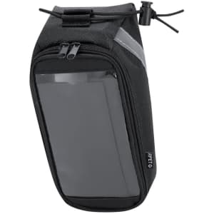 A black cycling bag with a transparent front pocket and a zip closure, featuring a reflective strip and a logo.