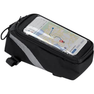 A black bike bag with a transparent top compartment displaying a smartphone showing a map. It features reflective details.