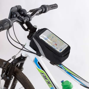A black bike bag sits on the handlebars, featuring a clear top for a phone and a drink bottle nearby.
