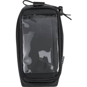 A black bike bag featuring a clear front pocket and a zipper closure, with a logo on the side.