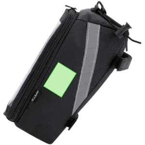 A black bike bag with a reflective strip, featuring a zippered compartment and a transparent section on the side.
