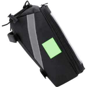 A black bike bag with reflective accents and a zip closure, featuring a small blank area for branding or stickers.