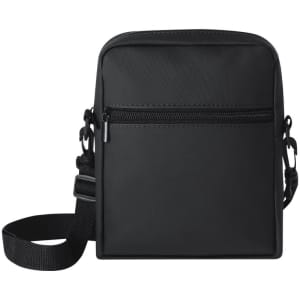 A black shoulder bag featuring a front zipper pocket and an adjustable strap. The bag has a simple and sleek design.