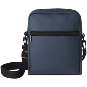 A navy shoulder bag with a zippered front pocket and an adjustable strap. It features a logo.