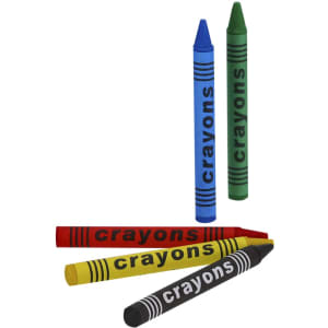 A set of five colourful crayons in red, yellow, green, blue, and black with "crayons" printed on them.