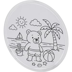 A round frisbee featuring a bear character, beach scene, palm trees, sun, and a beach ball design in black and white.