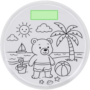 A round colouring frisbee featuring a bear character at the beach with clouds, sun, and a palm tree design.