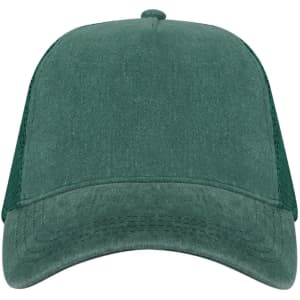 A green cap with a curved brim, featuring a logo on the front and mesh detailing on the sides.