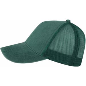 A green cap with a mesh back and a curved brim, featuring a logo on the front.