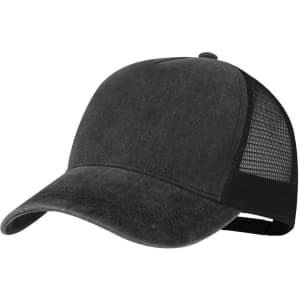 A black cap with a smooth front and mesh back, featuring an adjustable strap and a logo.