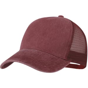A maroon cap featuring a solid front and mesh back, equipped with an adjustable strap and a logo.