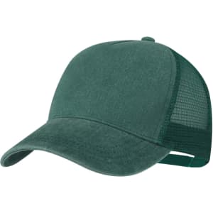 A green cap featuring a solid front and mesh back, with an adjustable strap and a logo on the side.