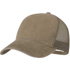 An olive-green cap with a solid front and mesh back, featuring an adjustable strap and a logo on the front.
