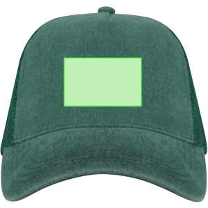 A green cap with a mesh back and a blank rectangular area on the front for customisation.