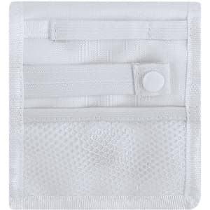 A white nursing organiser featuring multiple pockets and a snap closure for secure storage. It has a mesh compartment.