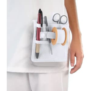 A white nursing organiser with pens, scissors, and tape secured in a mesh pocket attached to a uniform.