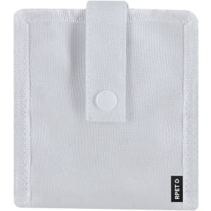 A light grey nursing organiser made of durable fabric, featuring a snap button closure and a logo on the side.