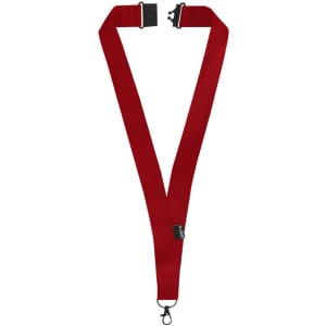 A red lanyard with a clip and adjustable components, featuring branding on the side.