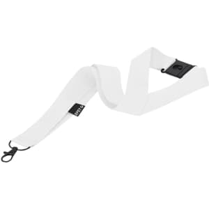 A white lanyard with a clip and a logo, suitable for holding badges or keys.
