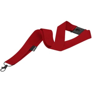 A red lanyard with a clip and a branding logo, suitable for exhibitions and events.