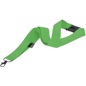 A green lanyard with a clip and a branding tag, designed for events and exhibitions.