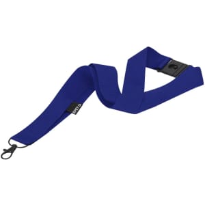 A blue lanyard with a clip and a logo, designed for holding items at exhibitions and events.