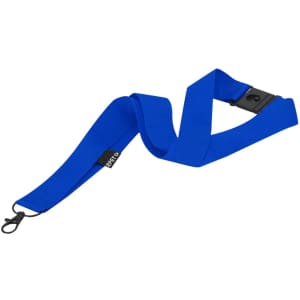 A blue lanyard with a clip and an adjustable buckle, featuring a logo.