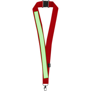 A red lanyard with a reflective green strip and a clip at the end, featuring a branding logo.