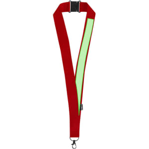 A red lanyard with a reflective green strip and a clip attachment, featuring a logo.